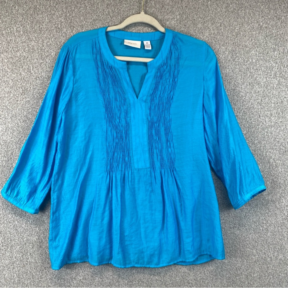 Chicos Beaded Blouse Womens Size 0 (S) Boho Coastal Teal Blue Beachy Light